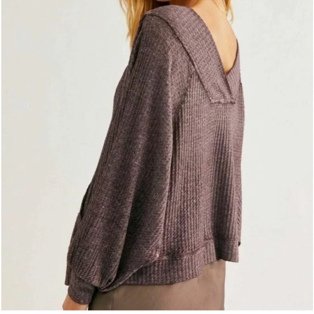 We The Free People Westend V-Back Waffle Thermal Oversized Top  Purple Size S